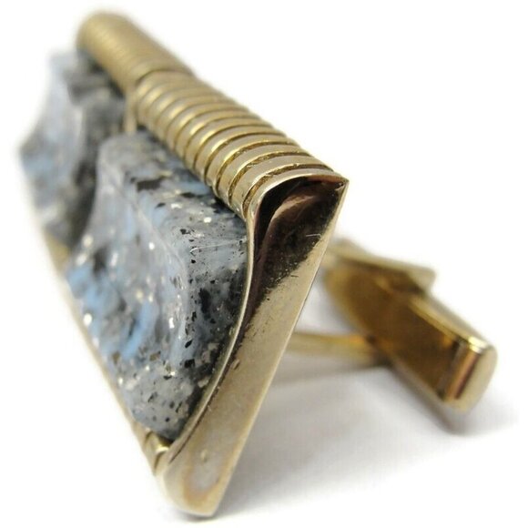 Vintage Blue Marble Gold Tone Vintage Cufflink Set with Stick Pin - Picture 11 of 12